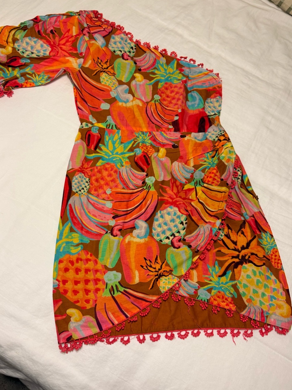 FARM RIO. One-Shoulder Tropical Fruit Print Dress in Bright Orange